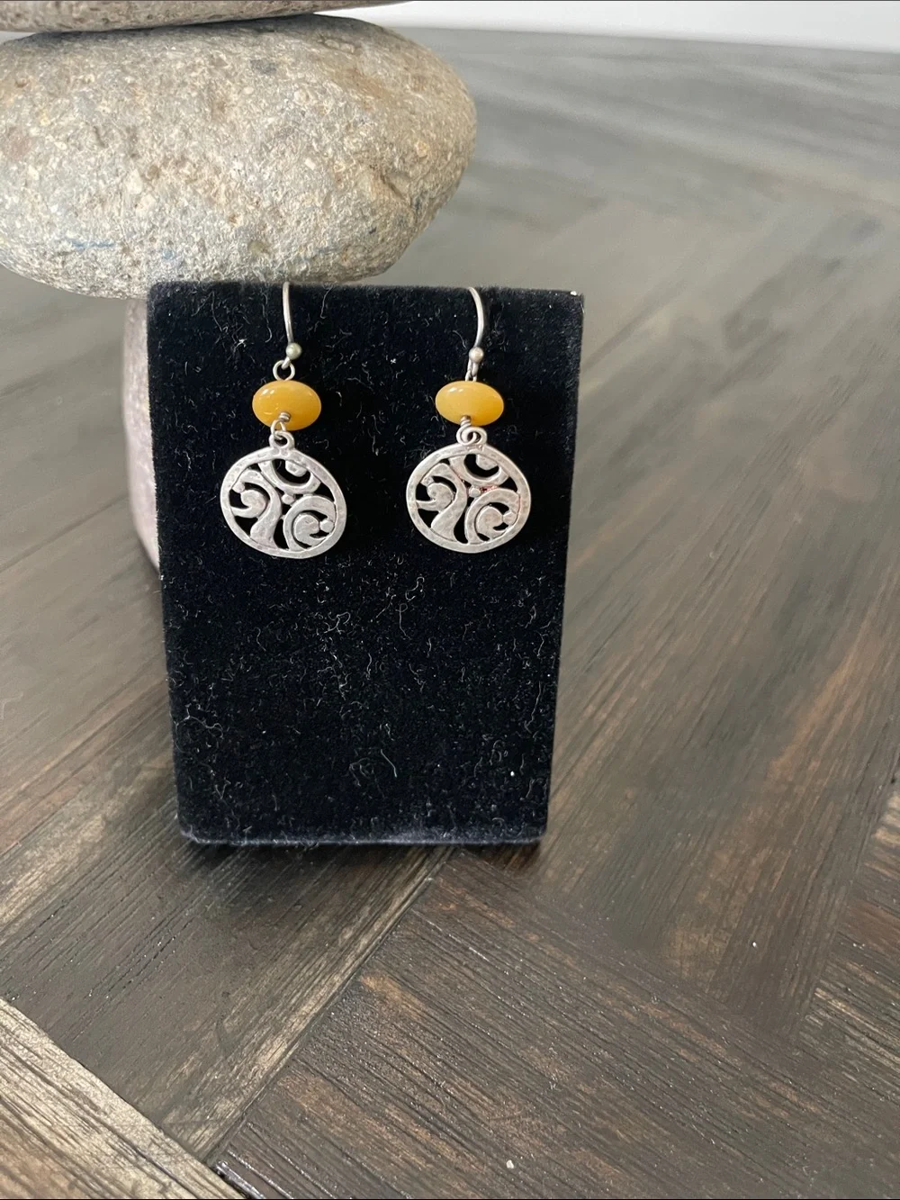Silpada Mustard Yellow Bead with Silver Scroll Drop Earrings